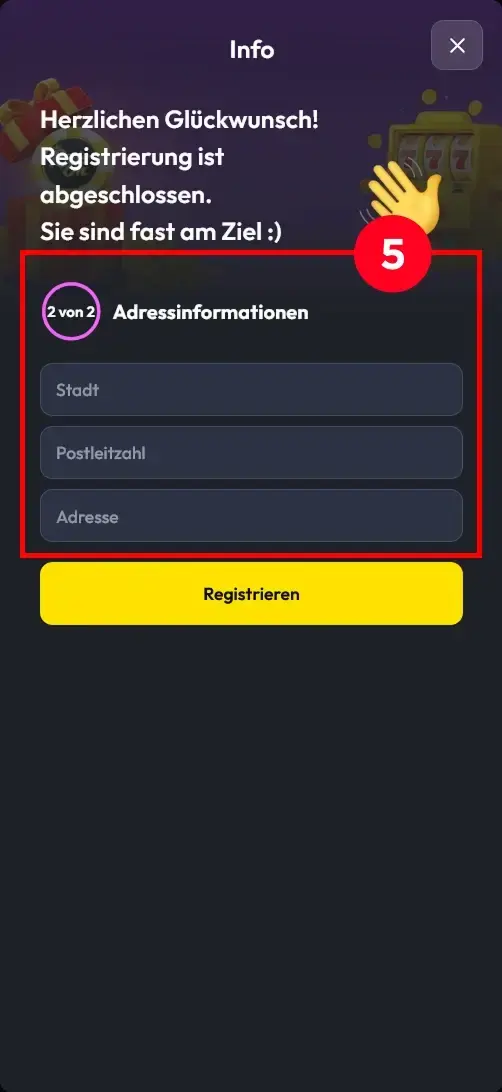ReelsOn Adressinformationen zum Abschluss der Kontoeröffnung