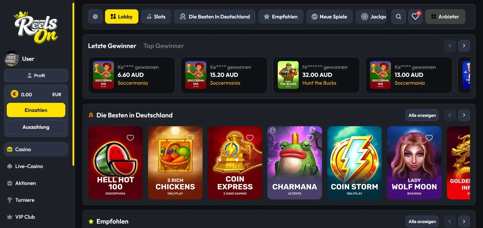 ReelsOn Casino Lobby mit Slots