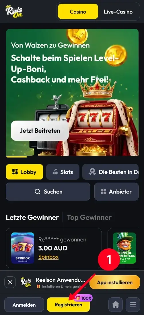 ReelsOn Casino Startseite mit Level-Up-Boni und Registrieren-Button