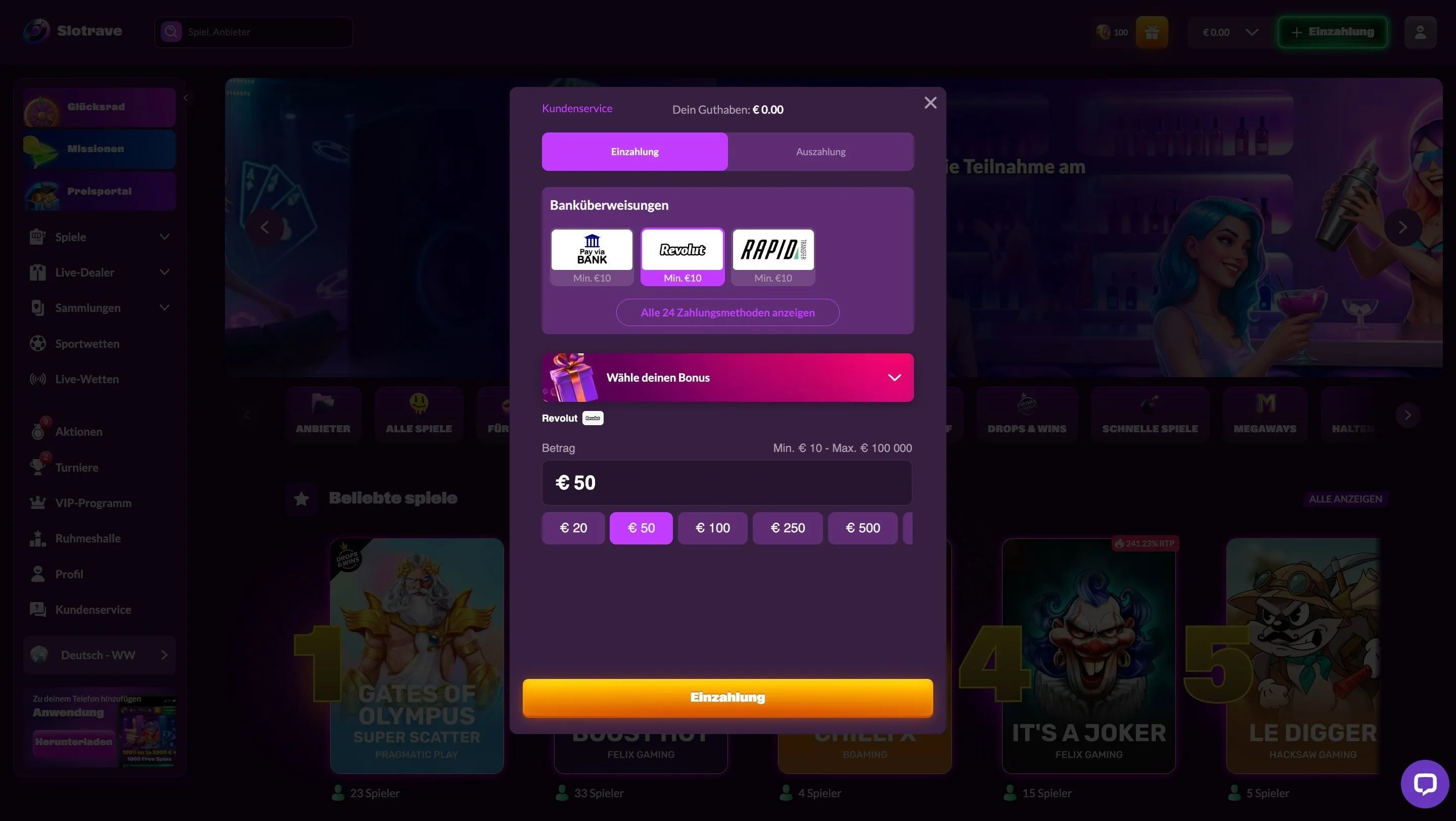 Slotrave Casino mit Revolut einzahlung