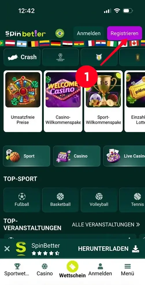 SpinBetter Casino Startseite mit Registrieren-Button