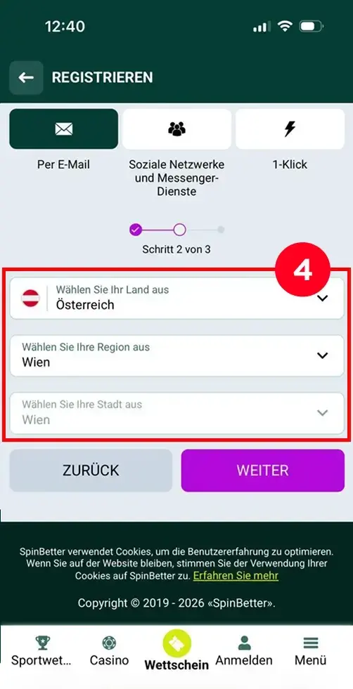 SpinBetter Casino Registrierung mit Landauswahl