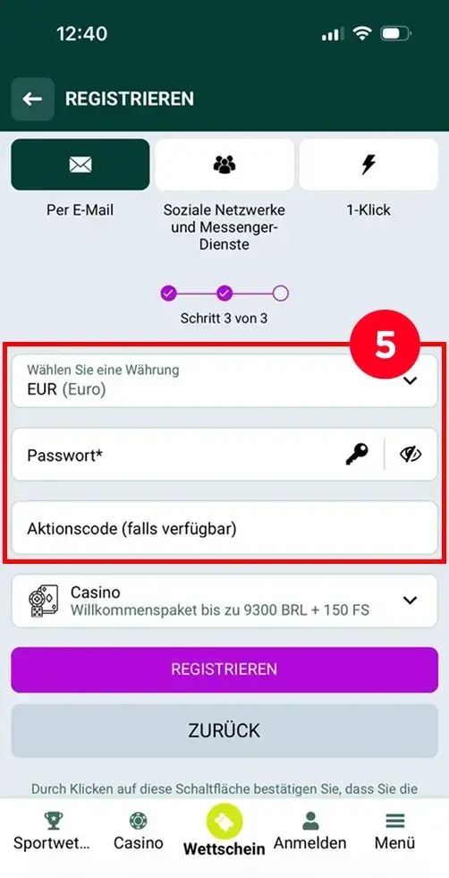 SpinBetter Casino Registrierung mit Währung und Passwort