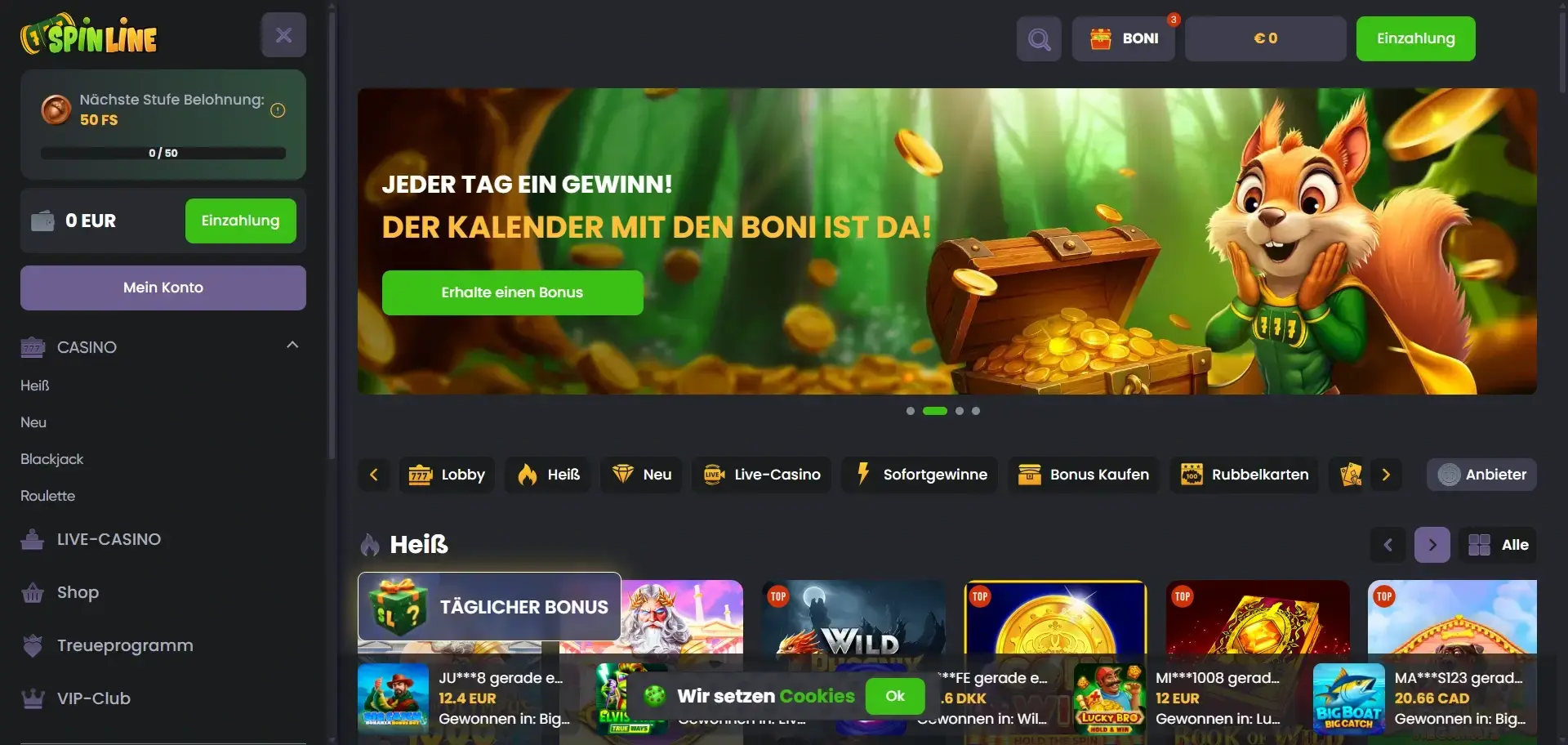 Spinline Online Casino ohne Limit mit Bonuskalender