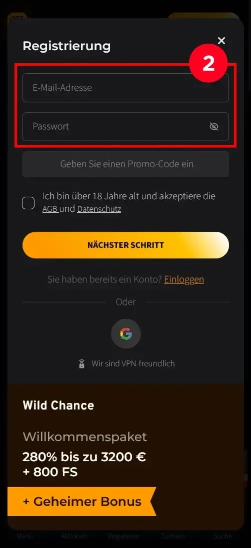 Wild Chance Casino Anmeldung mit E-Mail und Passwort