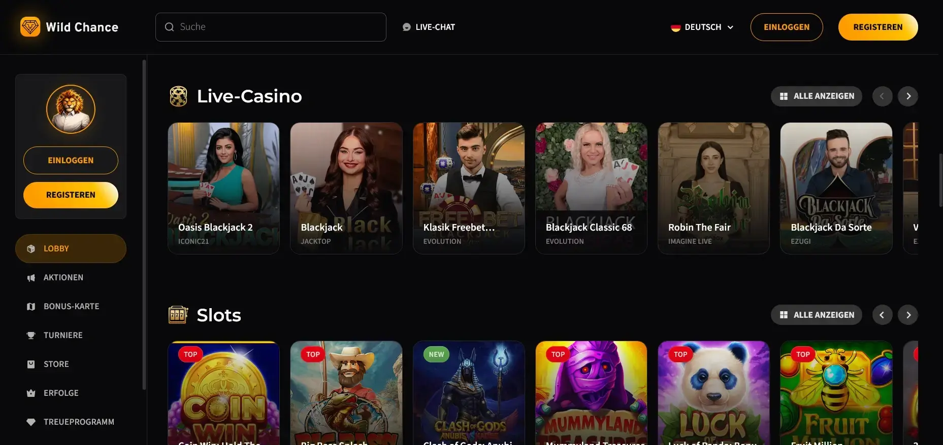 Wild Chance Casino Lobby mit Live-Casino und Slots