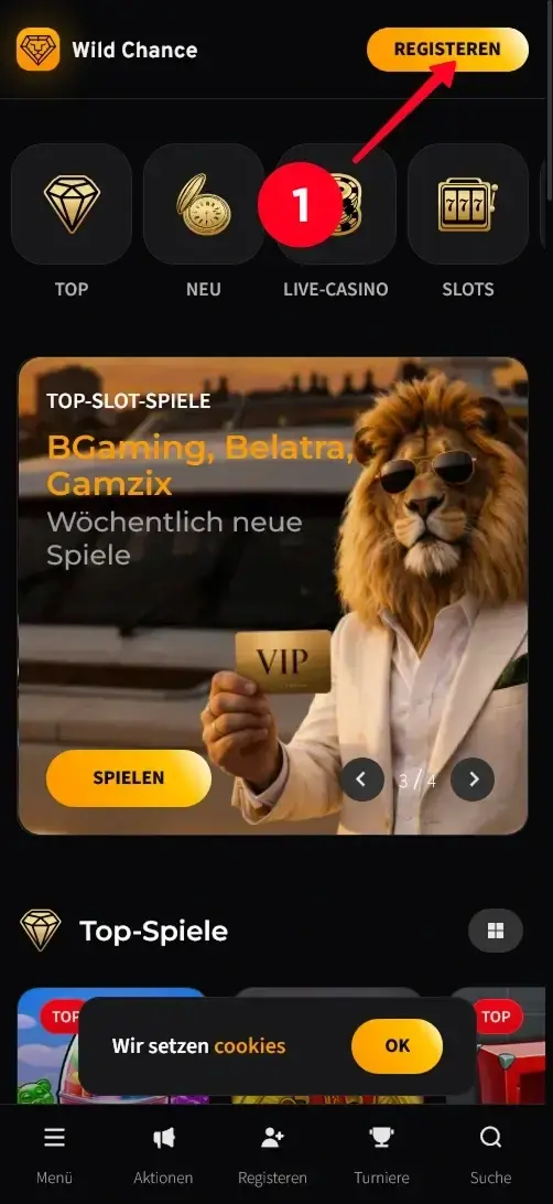Wild Chance Casino Startseite mit Registrieren-Button