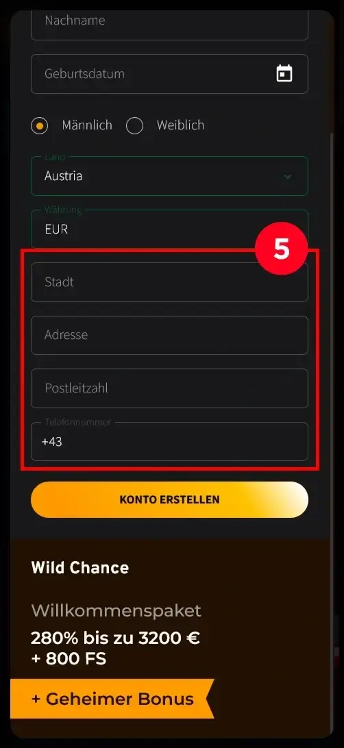 Wild Chance Casino Kontoerstellung mit Adressangaben