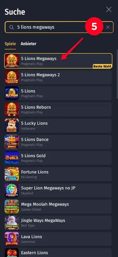 Suche nach 5 Lions Megaways bei WinShark