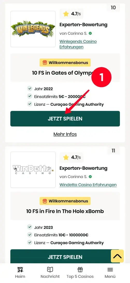 Winlegends Casino mit 10 Freispielen ohne Einzahlung