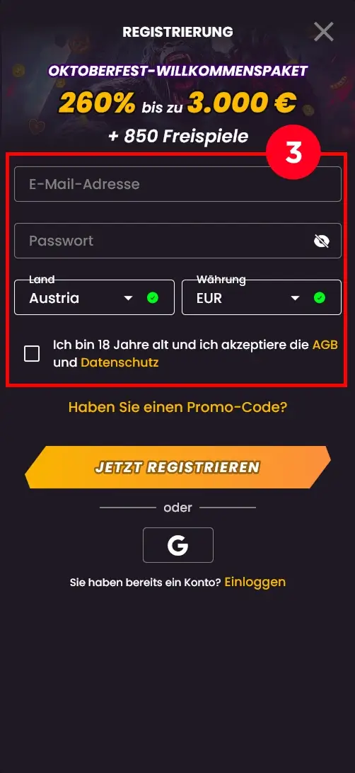 Registrierungsformular für den Casino Bonus mit 100 Freispielen ohne Einzahlung