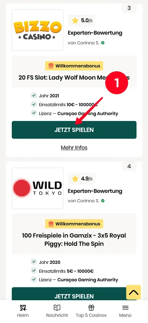 Bizzo in der Top-Liste für Freispiele ohne Einzahlung