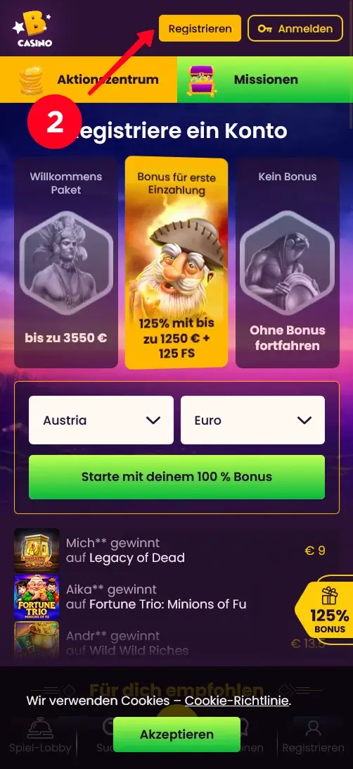 Registrieren-Button im Bizzo Casino