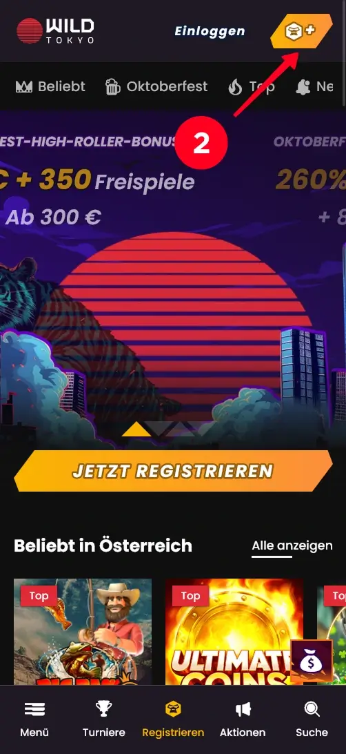 Anmeldesymbol bei Wild Tokyo für den Casino Bonus ohne Einzahlung mit 100 Freispielen
