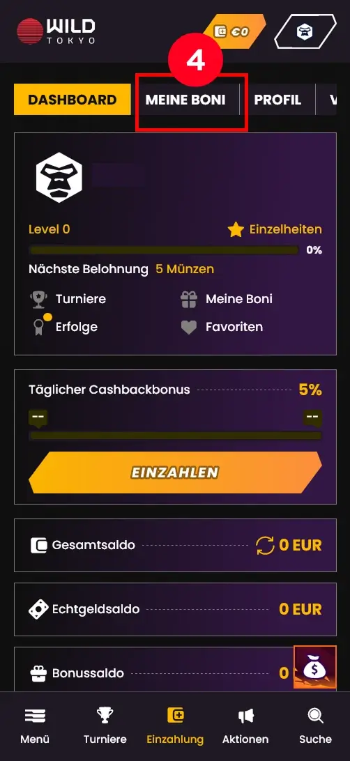 Meine Boni im Dashboard mit 100 Freispielen ohne Einzahlung als Casino Bonus