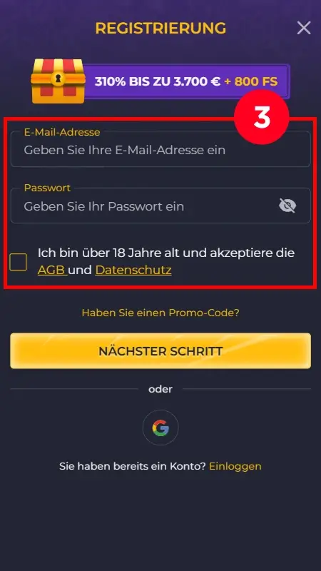 Registrierungsformular für bis zu 200 Freispiele ohne Einzahlung