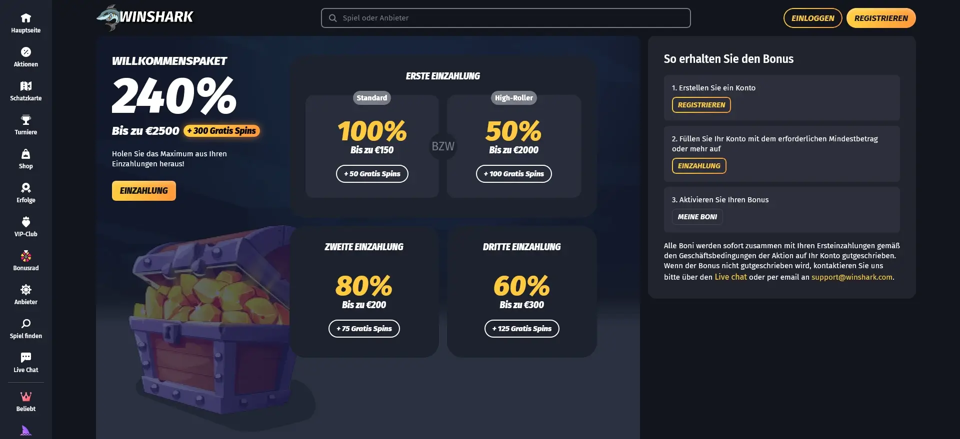 Casino-Bonus über 200 Prozent im WinShark Willkommenspaket