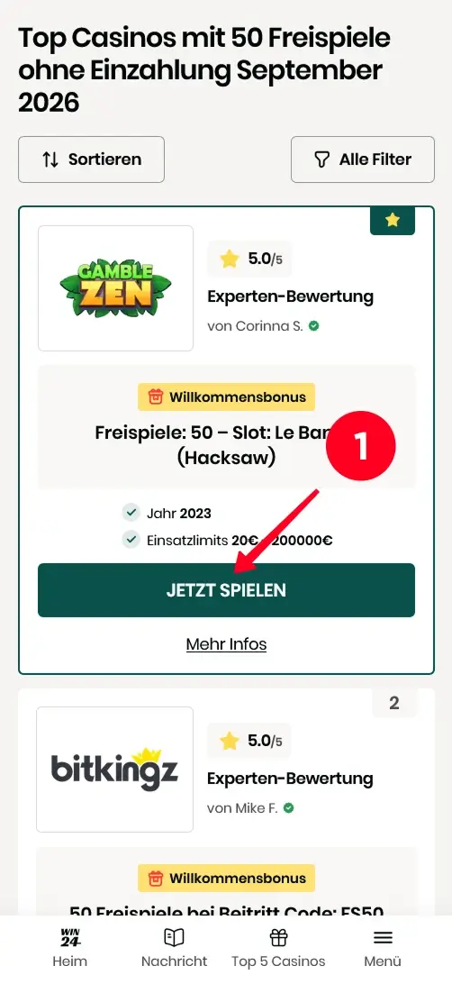 Top-Casino für 50 Freispiele ohne Einzahlung