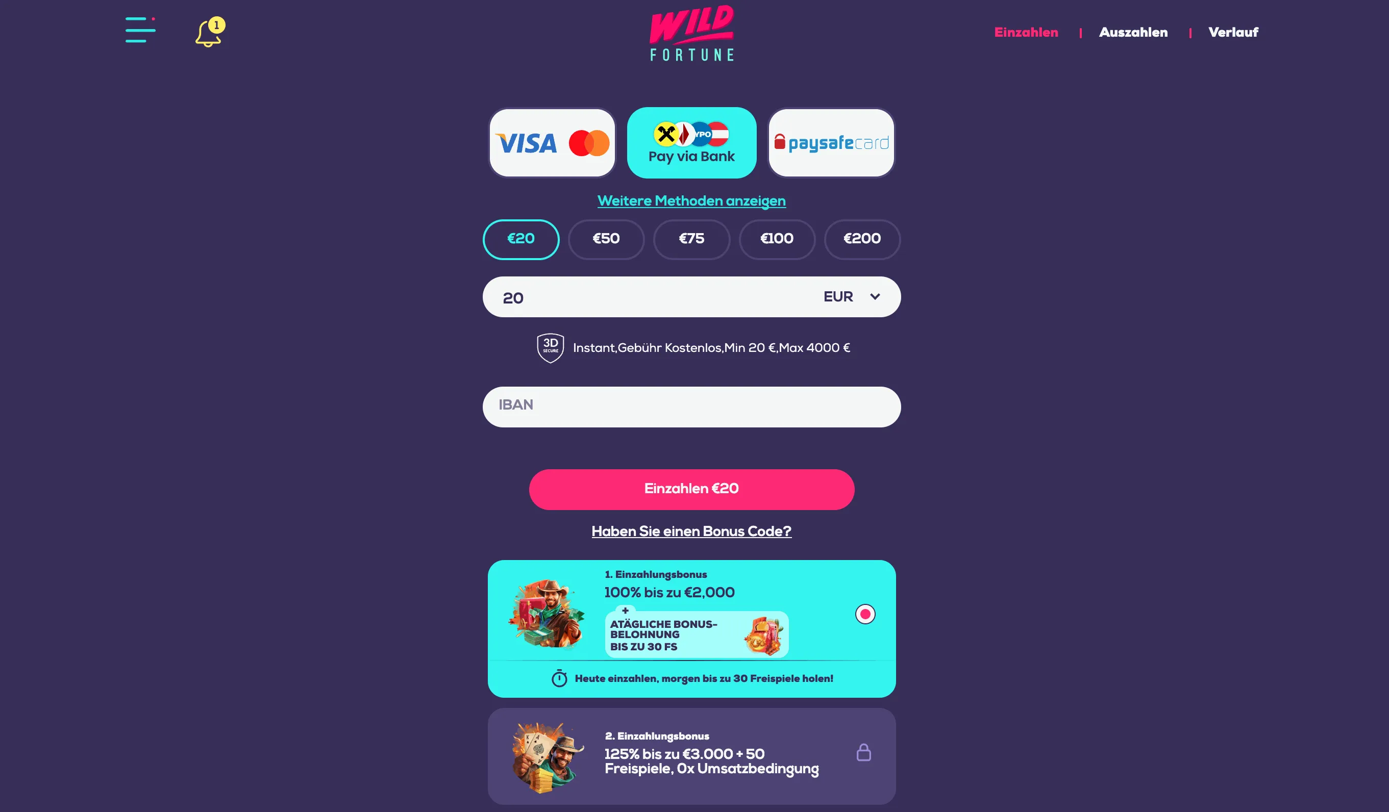 Wild Fortune Online Casino mit Banküberweisung