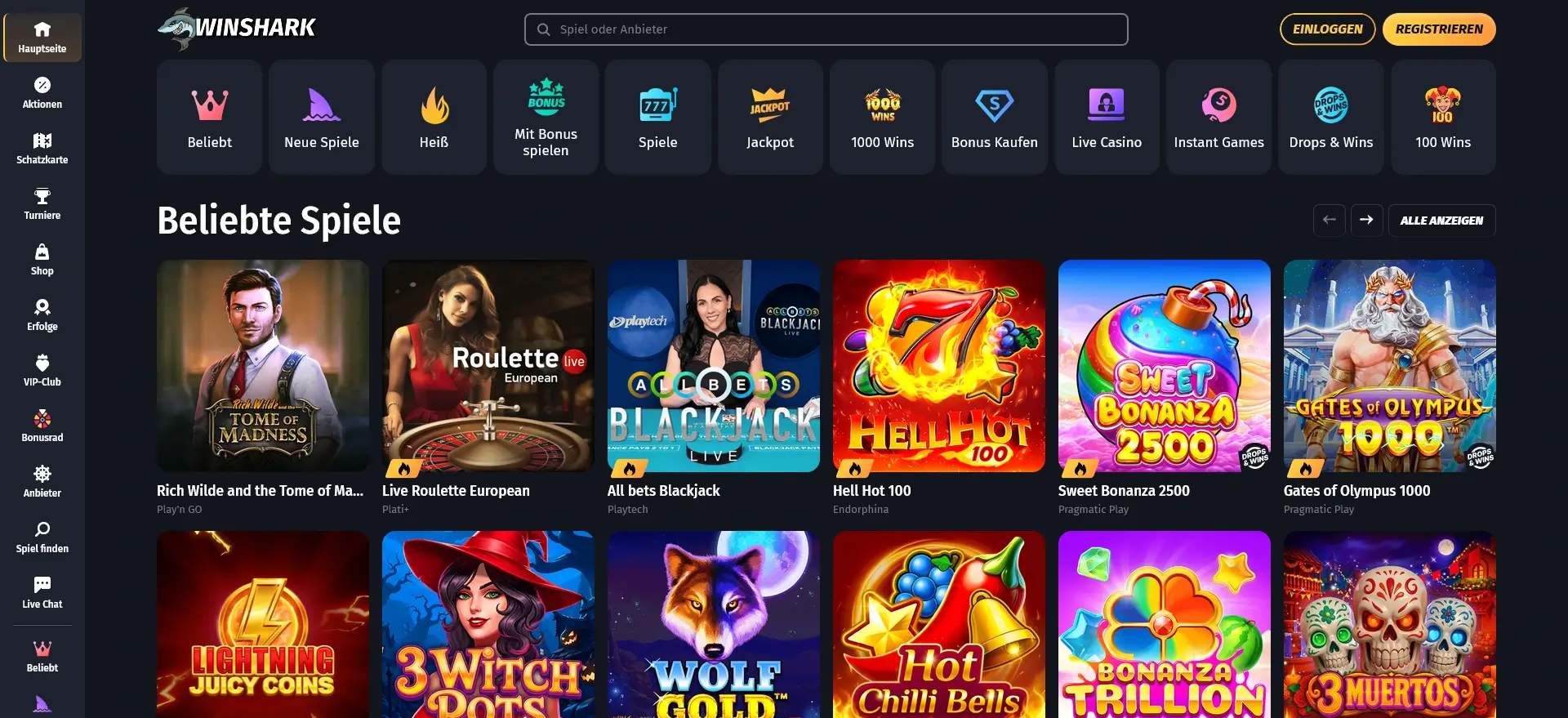 Spiele für den 200 Prozent Casino-Bonus bei WinShark