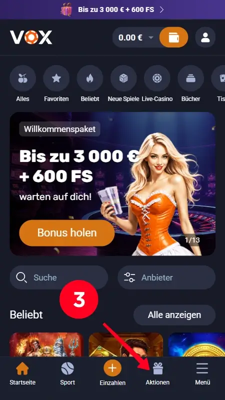 Vox Casino Aktionen im Menü mit dem Euro-Bonus ohne Einzahlung