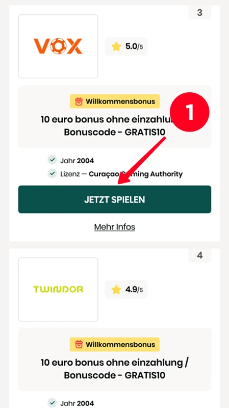 VOX Casino mit 10-Euro-Bonus ohne Einzahlung auswählen