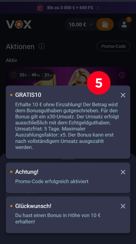 Aktivierter 10-Euro-Bonus ohne Einzahlung im VOX Casino
