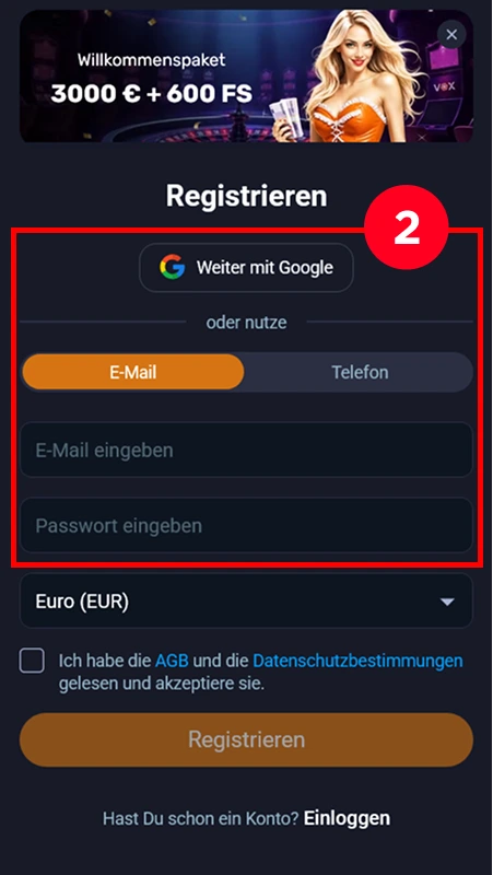 Anmeldung im VOX Casino für einen 10-Euro-Bonus ohne Einzahlung