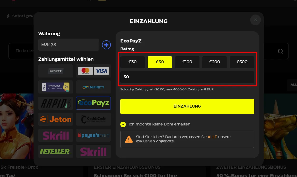 Mindestanzahlung Casino mit Ecopayz